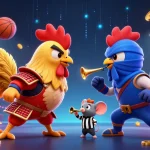 Experience thrilling bets at 8xbet com with fierce cartoon roosters clashing in an animated casino scene.