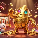 Engage in top no deposit bonus casinos with a vibrant 3D illustration of a golden golem amidst slot reels and festive elements.