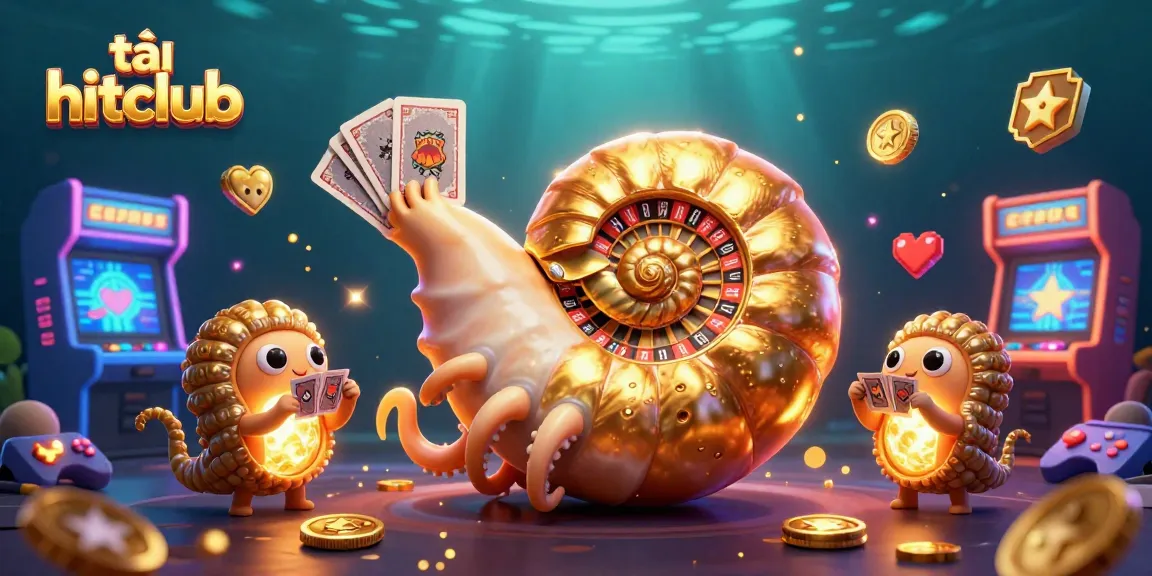 Play and win at tải hitclub with a vibrant 3D casino scene featuring a giant nautilus roulette wheel.