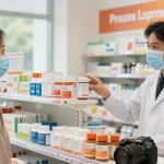 Interactie tussen een apotheker en klant in Unique Pharma Shop met diverse gezondheidsproducten op de achtergrond.