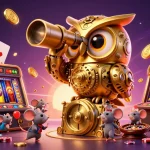 Engage with the thrilling universe of bl5553, where a golden owl oversees a bustling casino filled with vibrant slot games and dynamic action.