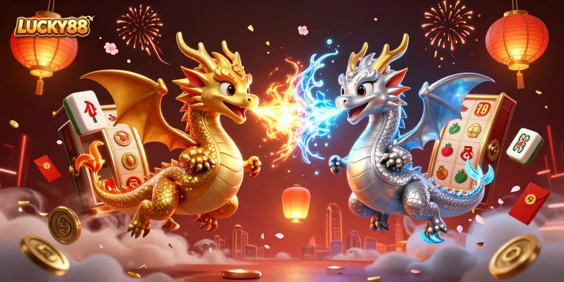 Experience the excitement of LUCKY88 slots with vibrant dragons and dynamic casino elements.