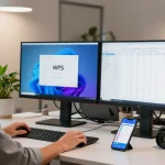 Professional in a bright office using WPS Official Website to create engaging presentations.
