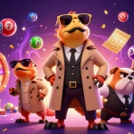Xoilac TV showcases a humorous scene with three raptors in a trench coat entering a casino, surrounded by festive gambling elements.