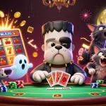 Engage with game bài sunwin through a lively 3D illustration featuring a bulldog dealer and exciting casino elements.