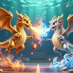 Engage with NET88's dynamic sports betting scene featuring golden and silver dragons amidst thrilling sports elements.