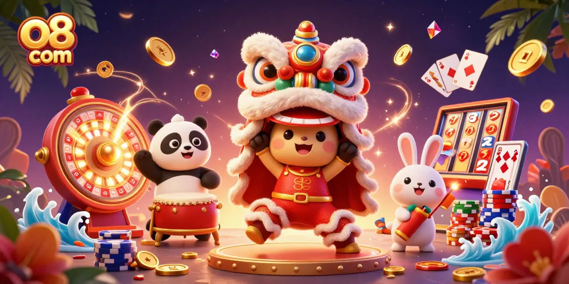 Experience vibrant 3D gaming action with o8 com, featuring lively characters in a dazzling casino scene.
