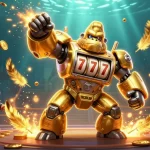 Experience thrilling gaming action with LODE88's golden gorilla mech in a vibrant casino scene.