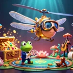 Immerse in the thrilling world of key chính as the dragonfly pilot and frog croupier entertain in a vibrant casino scene.