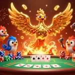 Experience Sunwin's thrilling gaming atmosphere with a golden phoenix emerging among vibrant slots and poker tables.