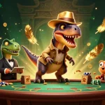 VIN88 offers vibrant, engaging cartoon visuals with dinosaurs at a blackjack table, showcasing animated excitement.