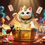 Experience thrills at open88 with a mummy cat and striking casino elements highlighting a vibrant gaming scene.