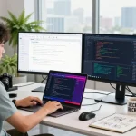 Build internal tools with AI in a modern tech workspace showing a developer coding with dual monitors and productivity items.