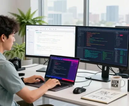 Build internal tools with AI in a modern tech workspace showing a developer coding with dual monitors and productivity items.