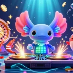 Experience the excitement at SKY88 with a vibrant underwater casino scene featuring DJ axolotl and pulsating game elements.