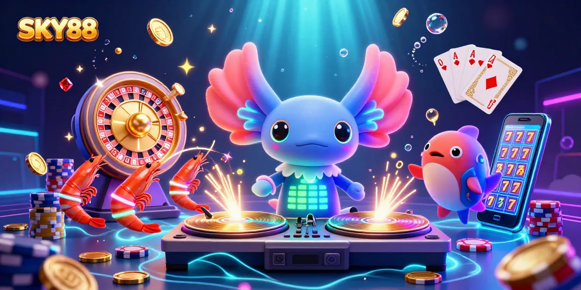 Experience the excitement at SKY88 with a vibrant underwater casino scene featuring DJ axolotl and pulsating game elements.