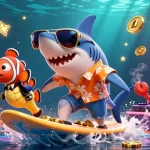 Experience thrilling gameplay with hz88's vibrant casino scene featuring a surfing shark and dynamic characters.