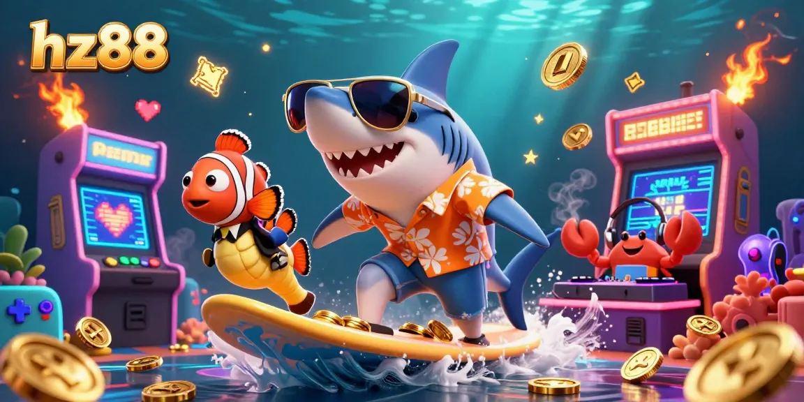Experience thrilling gameplay with hz88's vibrant casino scene featuring a surfing shark and dynamic characters.