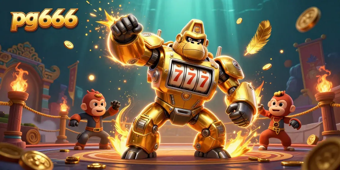 Experience the excitement of pg666 with dynamic gaming elements and a golden gorilla mech in action.