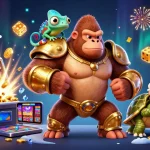 Engage with the vibrant environment of trang chủ fabet, featuring a gorilla king and chameleon in a vivid casino scene.