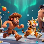 Experience thrilling gaming action at sunwin20 with vibrant slot reels and playful prehistoric characters.
