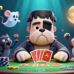 Experience thrilling card gaming with 98wincom's animated characters in a vibrant casino scene.