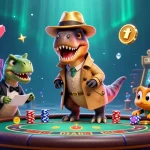 LU88 showcases a playful 3D velociraptor at a blackjack table, adding excitement to an engaging casino atmosphere.