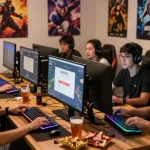 Aktivitas bermain KATATOGEL dengan teman-teman, komputer, dan suasana gaming yang meriah.