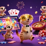 U888 meerkats manage a vibrant casino scene with colorful slot game action.